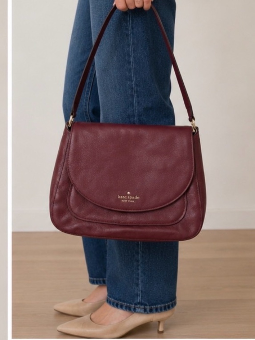 Kate Spade New York Burgundy Pebbled Leather Flap Shoulder Bag